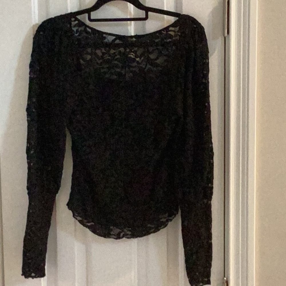 Free People Black Lace Top w/ Puffed Sleeves - Picture 5 of 8